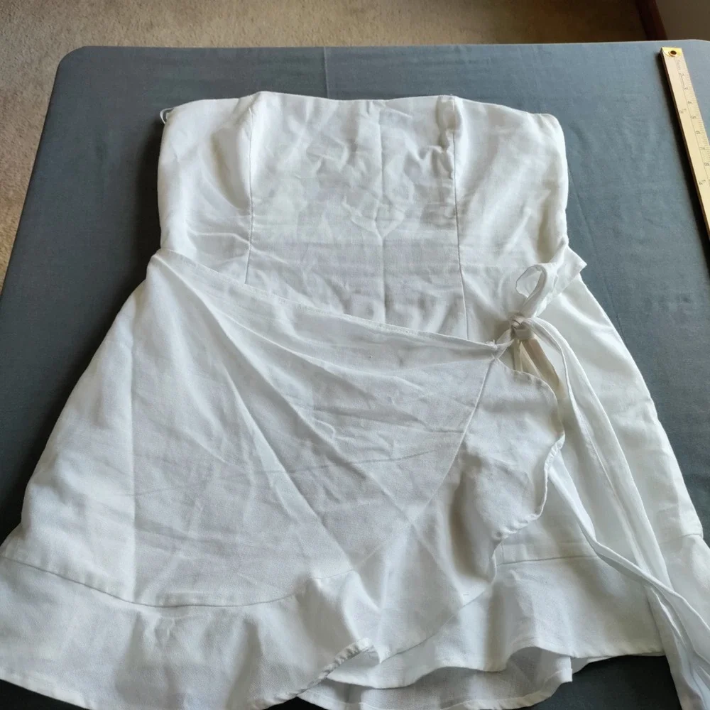 Strapless LINEN‎ Faux Wrap Side Tie Ivory Sexy Party Resort Wedding Y2K Dress 12